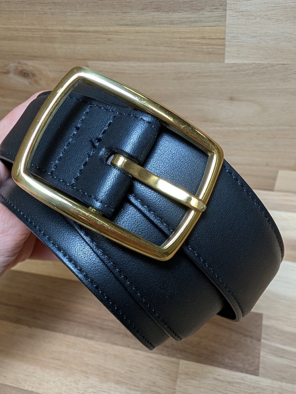 Vintage Black Leather Belt Solid Brass Gold Buckle Unisex Classic